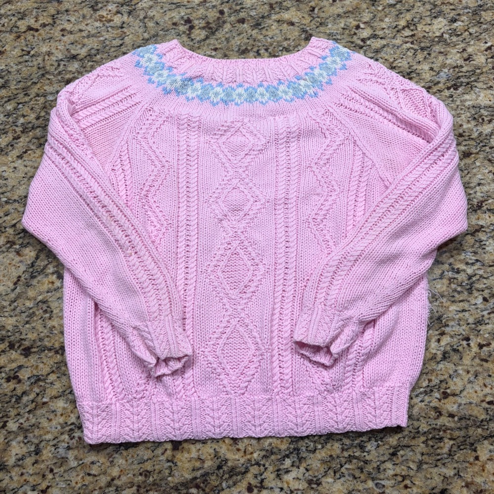 Vintage Pink Cable Knit Fair Isle Floral Yoke Sweater Medium Raglan Pastel v